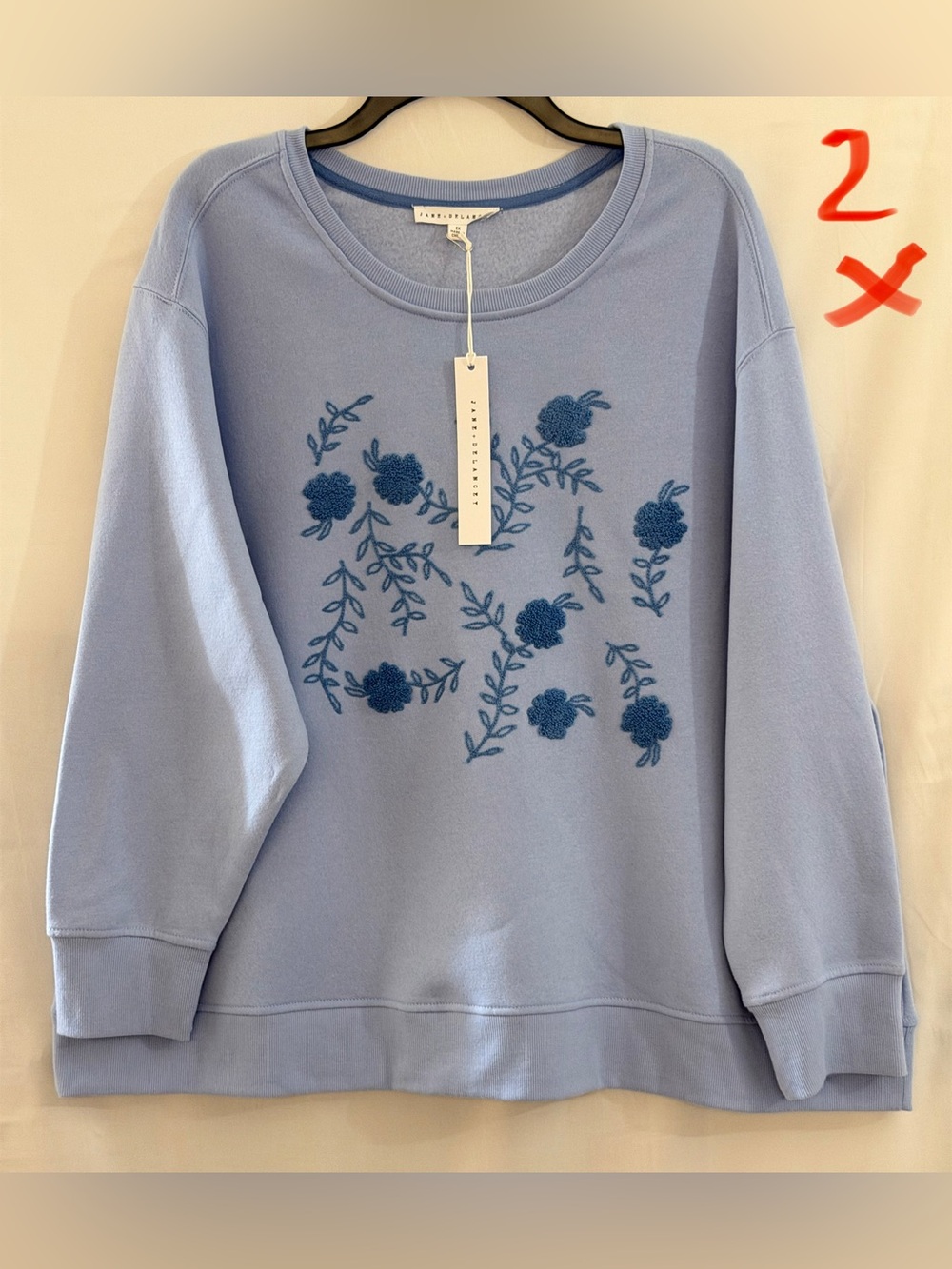 Jane and Delancey Dusty Blue Sweatshirt with Navy Floral Embroidery